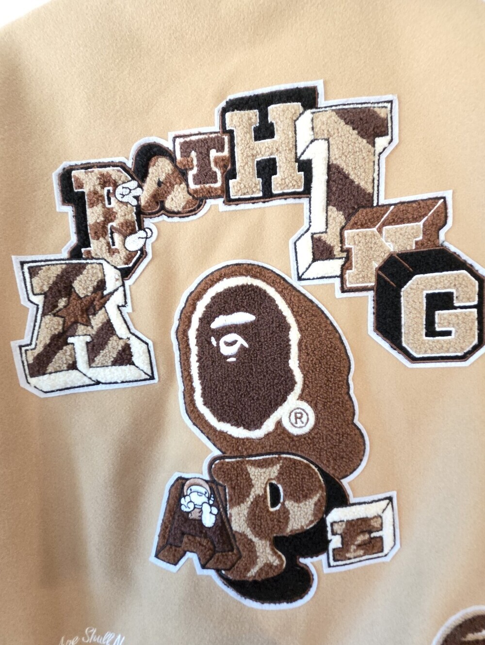 A BATHING APE BAPE MULTI MOTIF VARSITY JACKET BEIGE SIZE XXL (NWT) - Picture 7 of 14